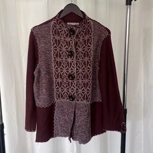 Winter Silks Jacket Cardigan Women XL Red Maroon Embroidery Snap Closure